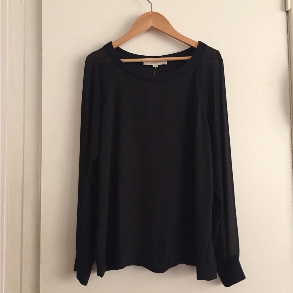 Loft sheer sleeve sweatshirt style black blouse xs